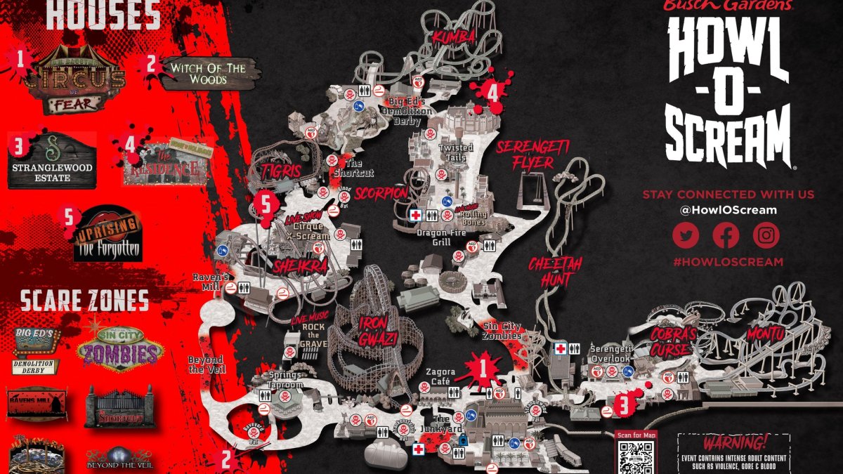 Howl-O-Scream 2023 park map featuring haunted houses, rides and scare zones.