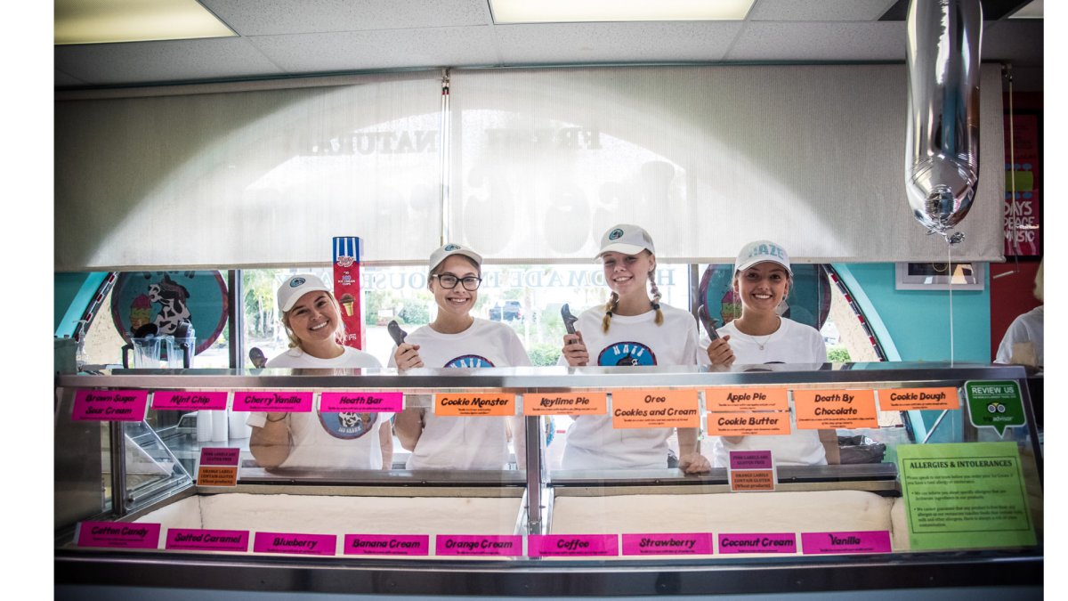 Friendly ice cream shop employees