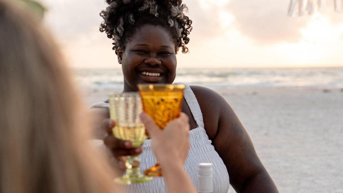 two women make a toast a a beach picnic