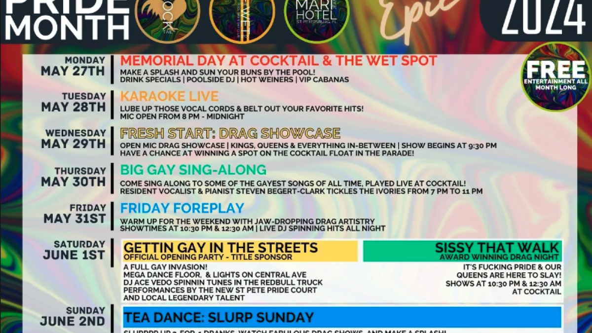 Pride month schedule of events at Cocktail bar in St. Pete.