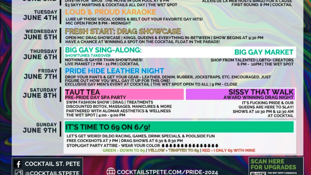 Pride month schedule of events at Cocktail bar in St. Pete.