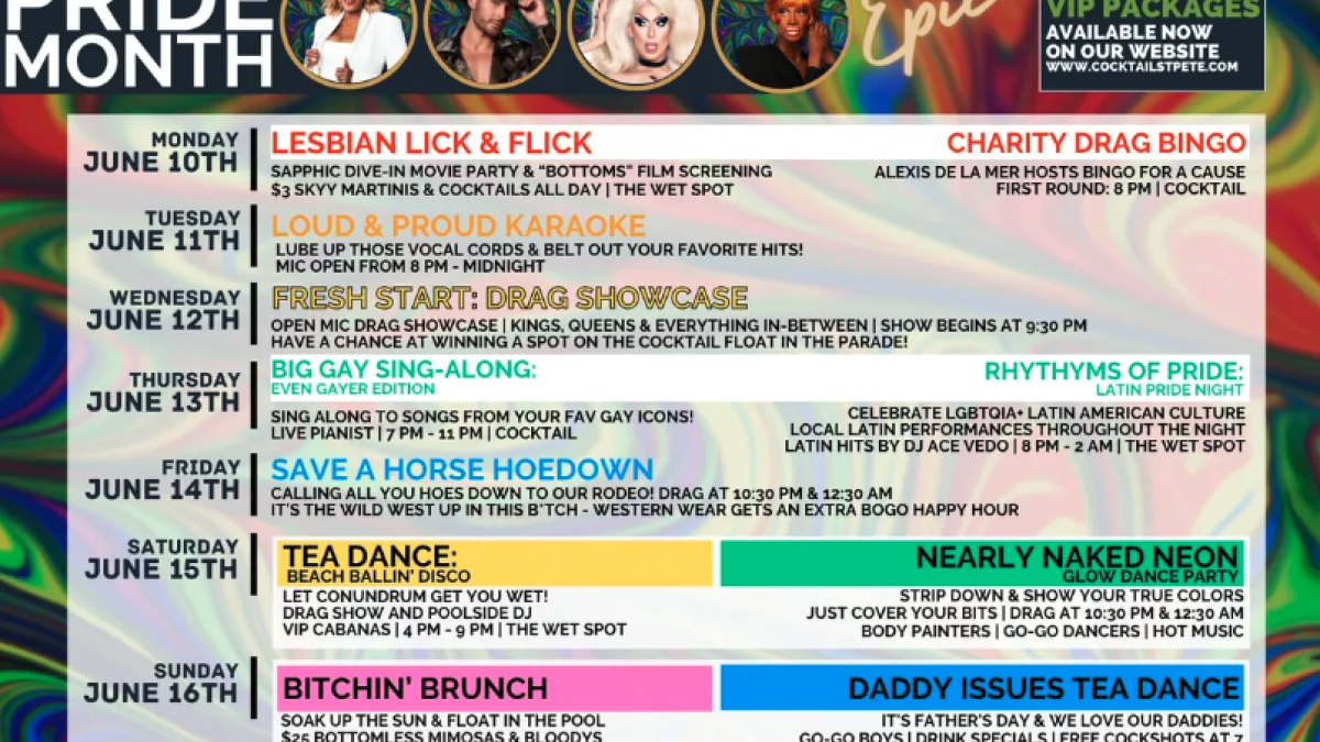 Pride month schedule at Cocktail bar in St. Pete.