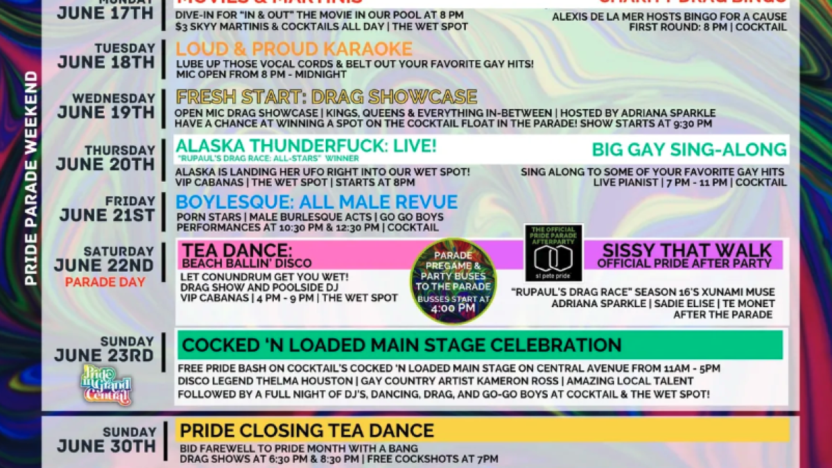 Pride month schedule of events at Cocktail bar in St. Pete.