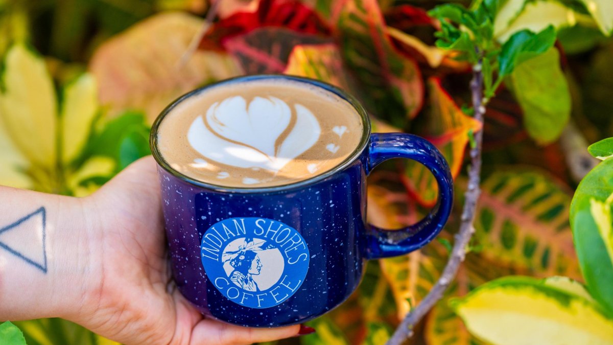 an artful latte in a blue coffee cup with a logo for Indian Shores Coffee Co surrounded by crotons and other lush plants