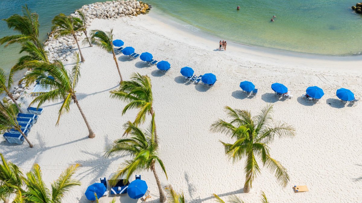 aerial view of swaying palm trees, blue umbrellas and white sand beach with rocks on the left side