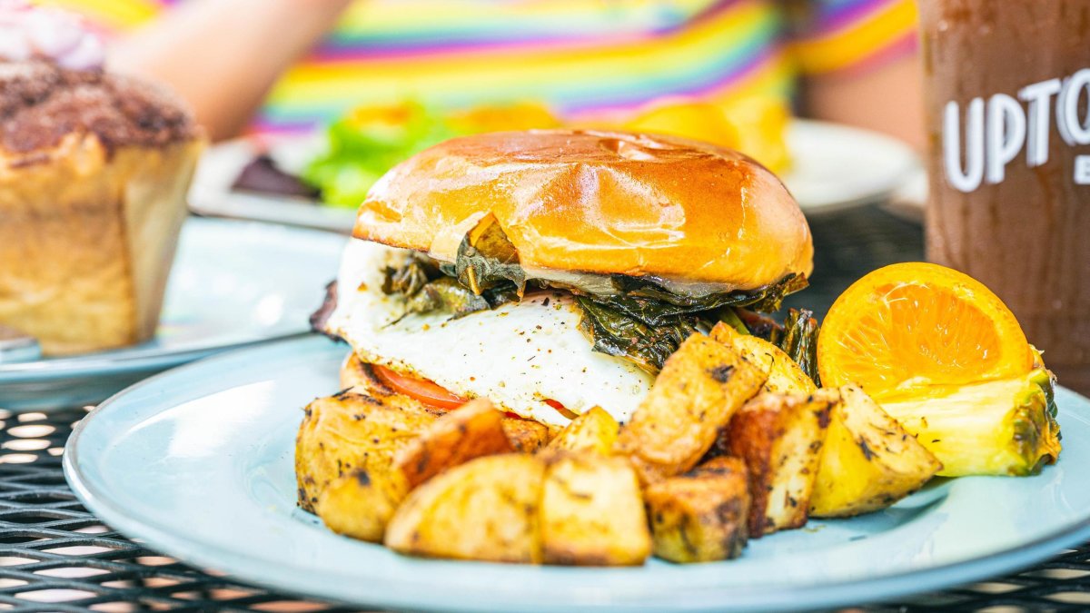 burger on a brioche bun with home fries