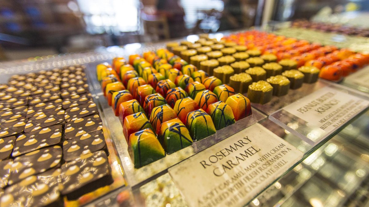 very fancy chocolates lined up in a display case