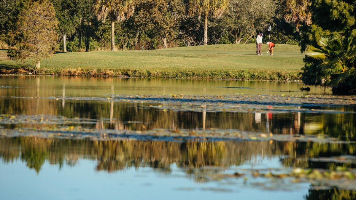 A view of a waterway and fairway at Mangrove Bay Golf Course in St. Petersburg, Florida