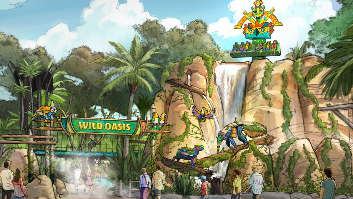 photo rendering of rainforest-inspired wild oasis realm at Busch Gardens Tampa Bay featuring bright green entrance sign, tropical trees and vegetation and new drop tower ride lofted high above a waterfall