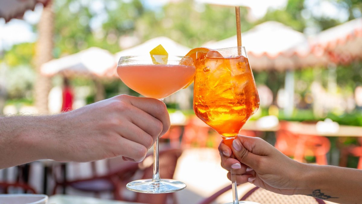 Two people toast with cocktails