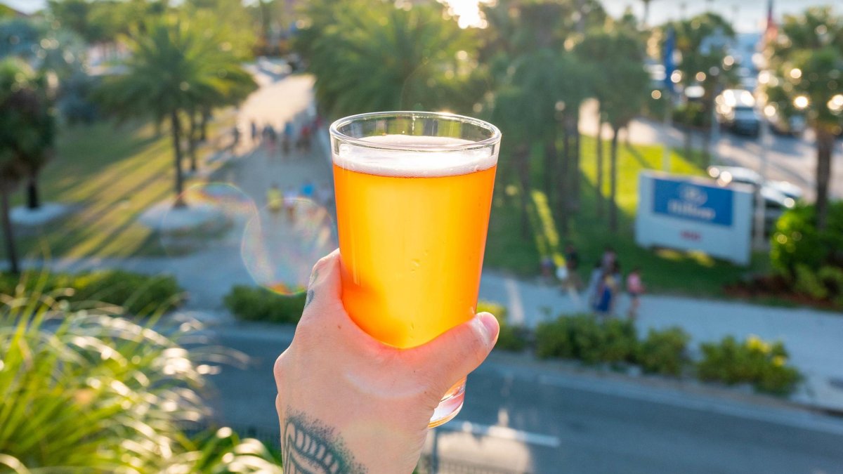 a person holding out a glass of beer while enjoying the distant view of Clearwater Beach