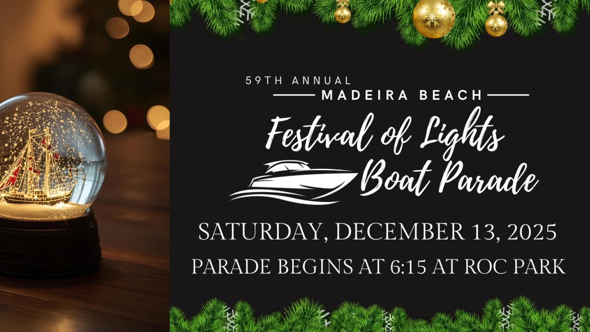 Festival of Lights Madeira Beach holiday boat parade event flyer featuring a snow globe.