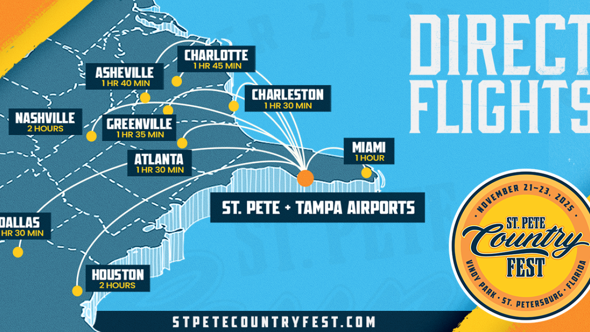 a graphic showing a map of cities with direct flights to the Tampa area