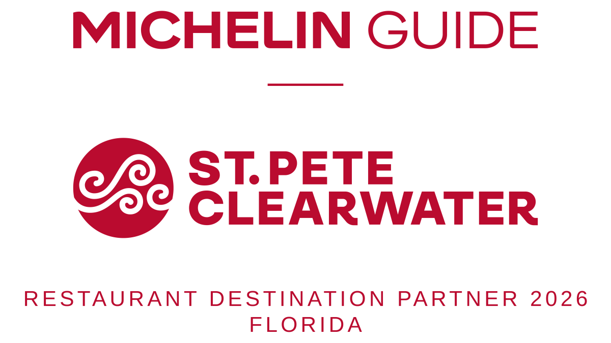 Michelin Guide and St. Pete Clearwater logos with the words "Restaurant Destination Partner 2026 Florida"