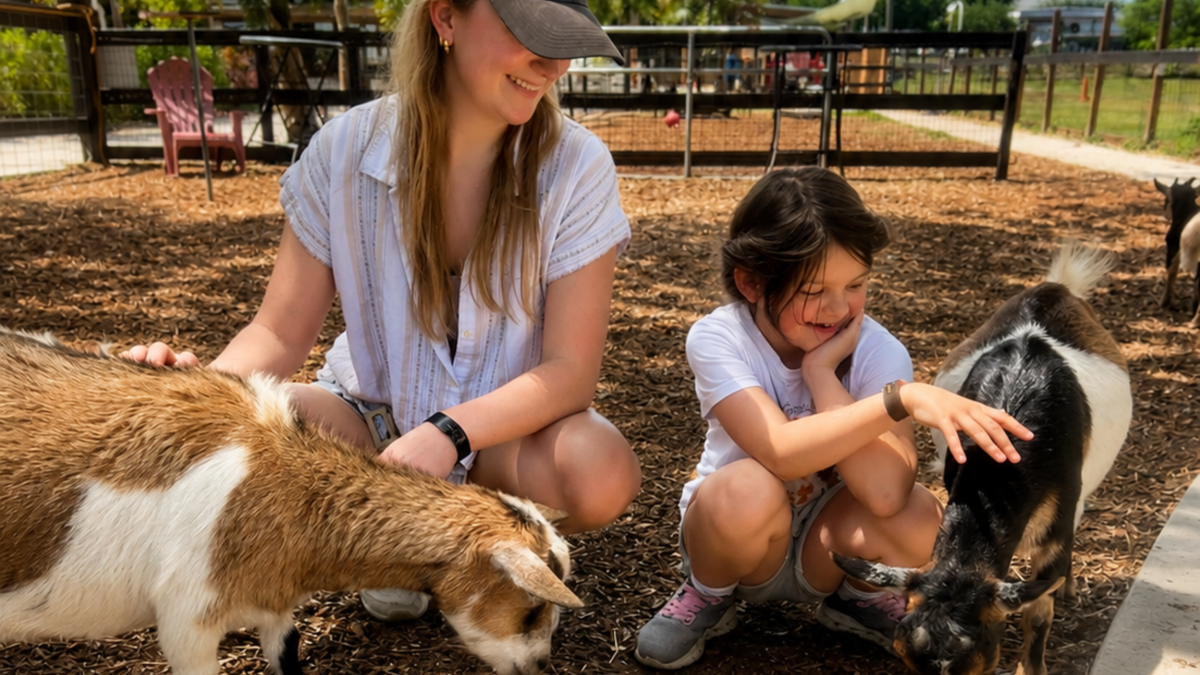 A woman and girl pet two playful goats at DK Farms & Gardens in Largo, Florida