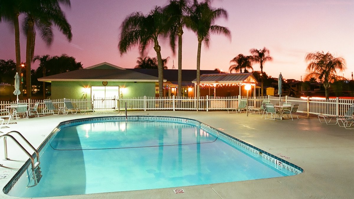 Our large, sparkling heated pool as the sun sets in beautiful Clearwater, Florida.