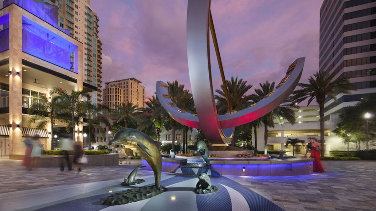 Six cast bronze dolphins grace the fountain around Downtown St. Petersburg's iconic sundial
