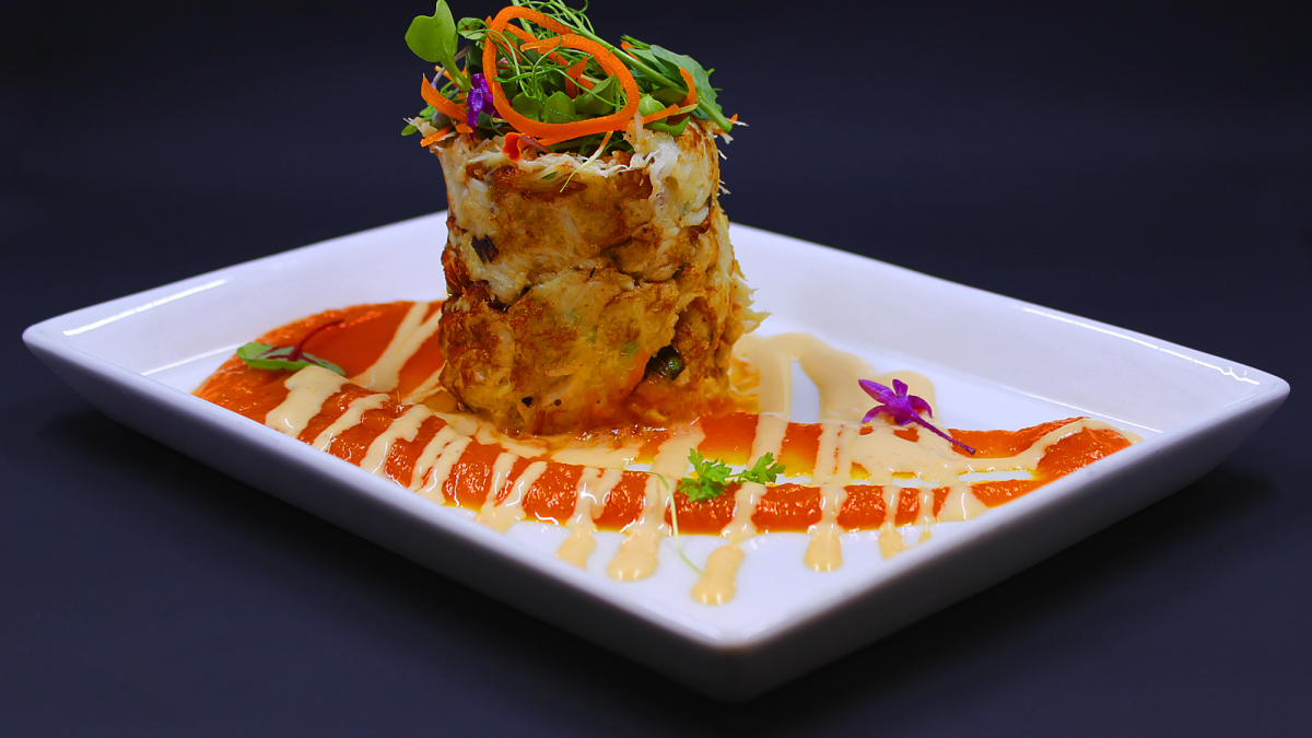 Blue Crab Cake, Stacked, Seared, Smoked Tomato Aioli, Tomato Carrot Ginger Jus