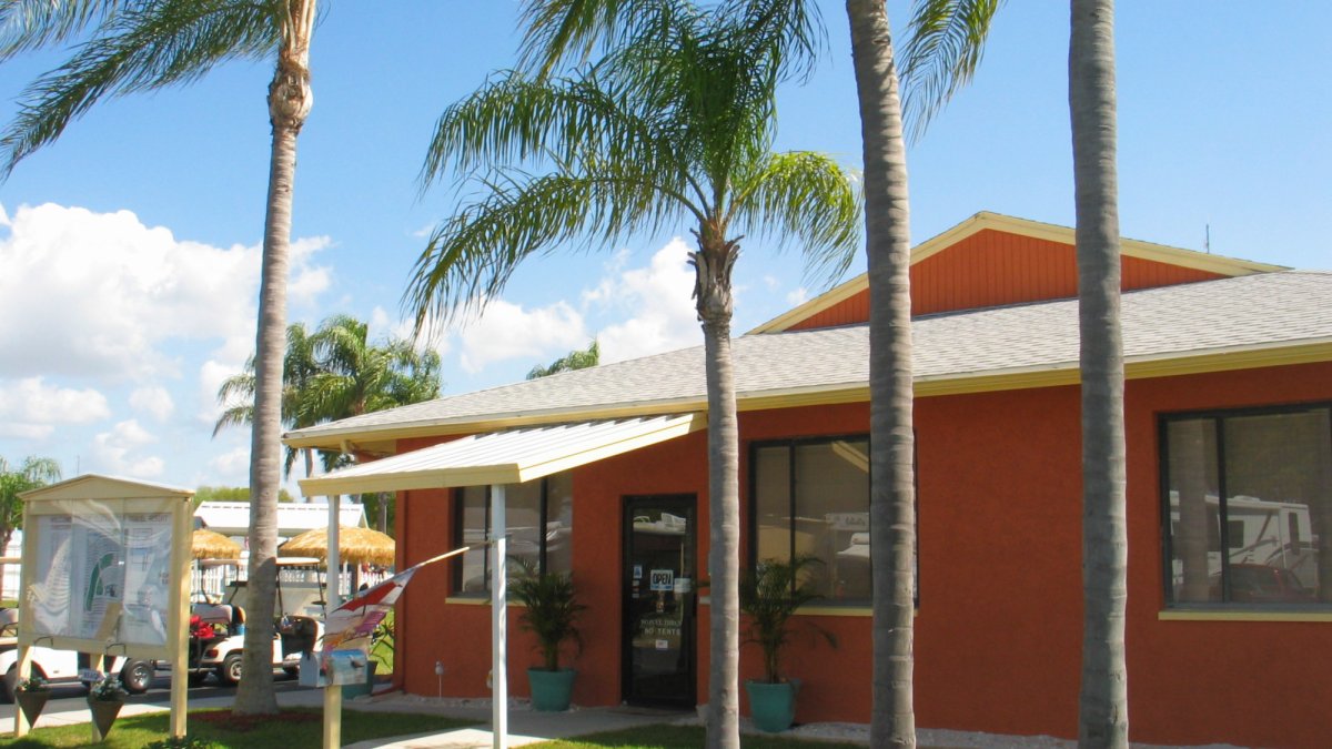 Palm trees swaying in the breeze in front of our clubhouse.