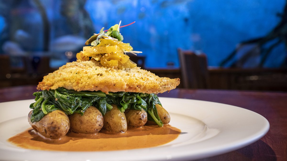 Parmesan Crust Grouper with red pepper cream, spinach, fennel relish, fingerling potato