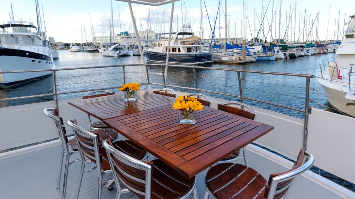 The Smooth C's features covered aft deck seating for 8 guests