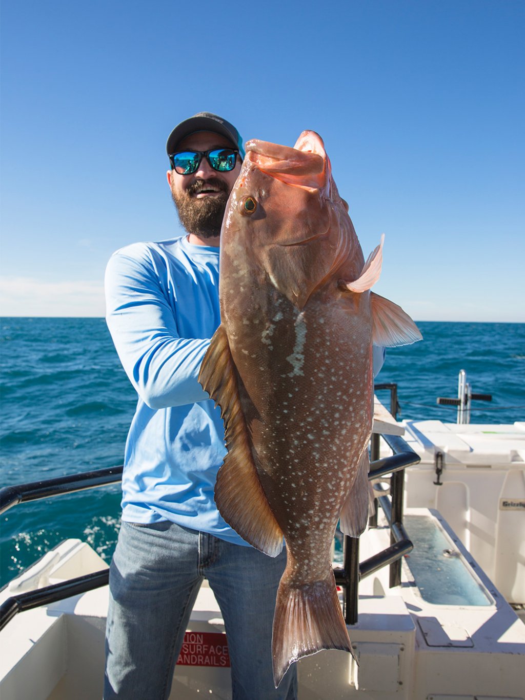 A man holding a large red grouper offshore of St. Pete/Clearwater