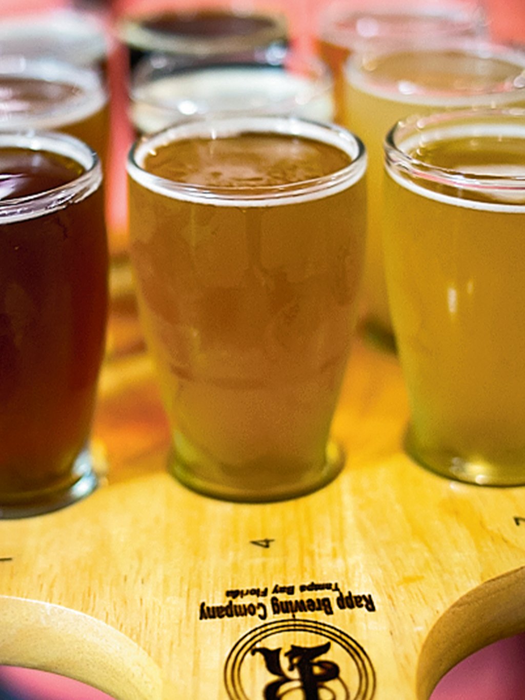 a person dressed in pink holding a tray with six glasses of different beer types