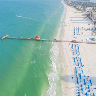 Aerial view of Pier 60 and blue cabanas in Clearwater Beach