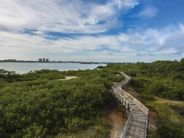 Aerial view of Boca Ciega Park boardwalk in Seminole