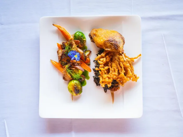 A decorative plate of food at Black Pearl Restaurant in Dunedin.