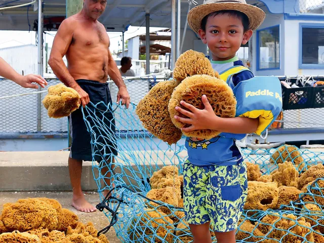 a young boy holds natural sponges near the Tarpon Springs sponge docks