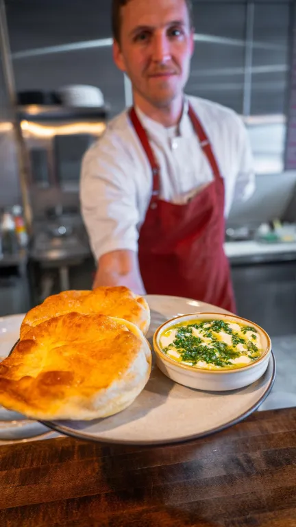a chef holds out a dish with freshly baked bread and a dipping sauce at The Restorative in Dunedin