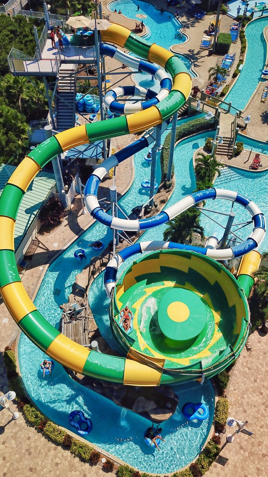 a view of winding waterslides from above