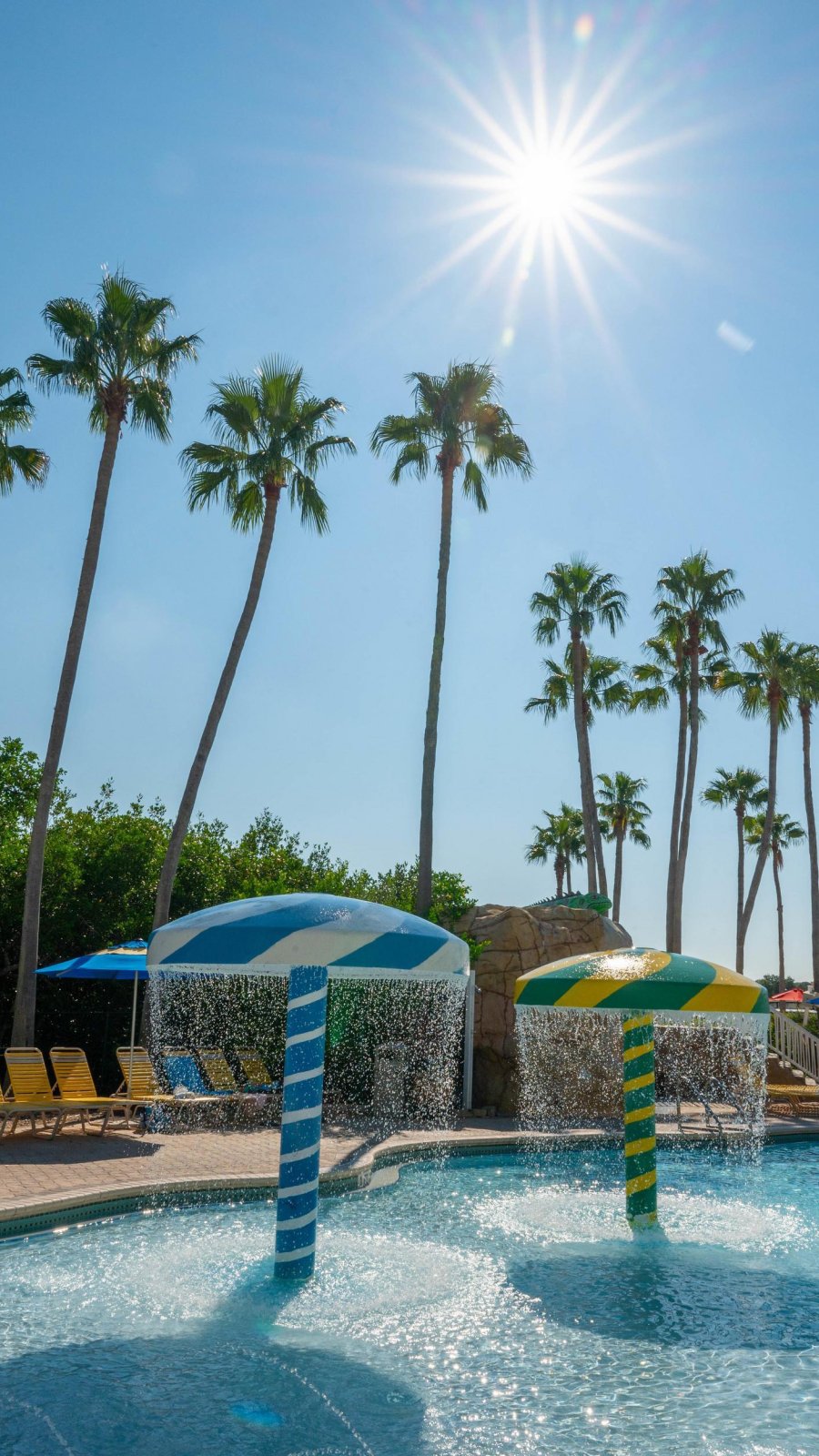 palm trees and shallow pools in the kid zone water play area